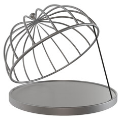 3D metallic dome cage trap propped open with a stick on a circular base. Concept of lure, snare,...