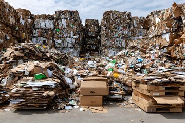 Massive industrial pile of sorted cardboard and paper waste at a recycling facility, showcasing efficient management of valuable resource bales for a sustainable environment.