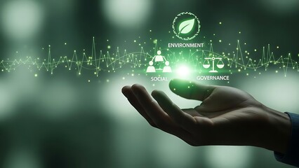 Hand holding glowing ESG environmental social governance concept illustration