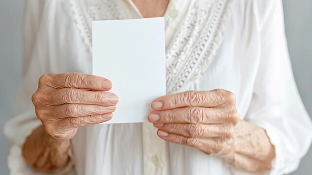 Elderly woman holding blank card in hands with wrinkled skin