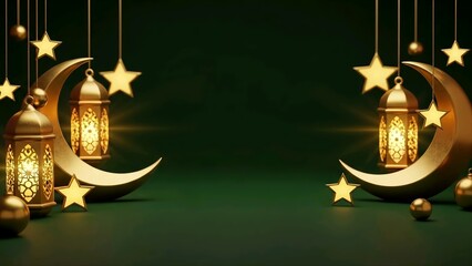 Digital illustration of golden crescent moons, lanterns, and stars on a dark green background celebrating Ramadhan with warm, festive lighting and decorations.