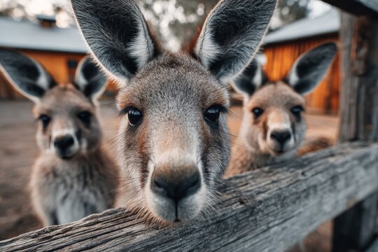 Three kangaroos are looking directly at the viewer with curious expressions - Powered by Adobe