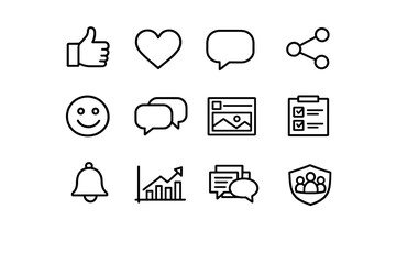 Fan Engagement Icons. Fan Engagement. Line outline icon set of fan engagement: thumbs up, heart icon, comment
