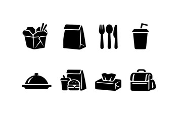 Street Food Icons. Street Food Takeaway. Filled icon set of Street Food Takeaway: takeout box, paper bag,