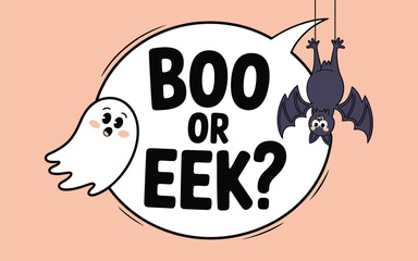 Cartoon Ghost and Bat with Boo or Eek Speech Bubble, Cute Halloween Illustration for Trivia or Games