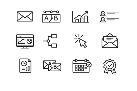 A_B Testing Icons. A/B Testing Emails. Line outline icon set of A/B testing emails: email envelope, split test