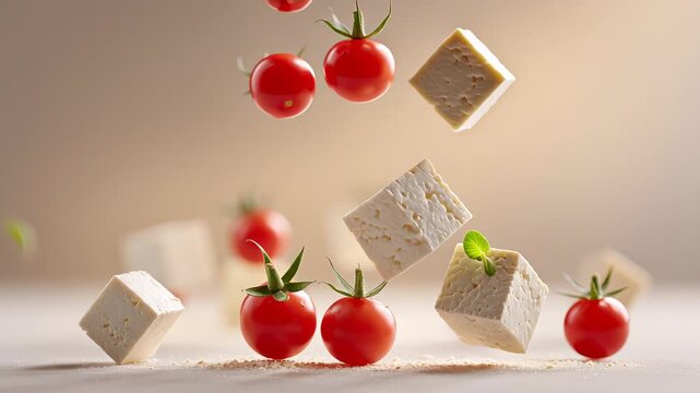 Floating cherry tomatoes and feta cheese cubes in mid-air minimalist composition