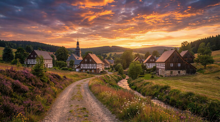 Scenic sunset over tranquil village countryside photography vibrant landscape aerial view peaceful atmosphere