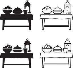 Isolated iftar meal silhouette icon, iftar Ramadan meal vector, Islamic evening food illustration, festive Muslim minimal design, Ramadan celebration branding, iftar table vector