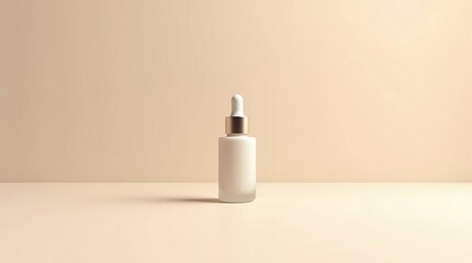 Minimal Luxury Skincare Serum Bottle on Neutral Beige Background, Frosted Glass Cosmetic Packaging, Clean Beauty Product Photography