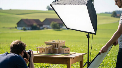 Photographer captures architectural model outdoors landscape photography model house natural lighting creative process