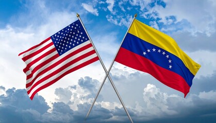 US and Venezuela flags crossed against dramatic cloudy sky, symbolizing diplomacy and cultural connection.