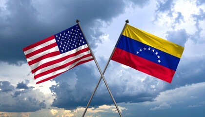 US and Venezuela flags crossed against dramatic cloudy sky, symbolizing diplomacy and cultural connection.