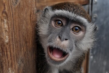 Vervet monkey looking directly at the viewer with an open mouth and wide eyes