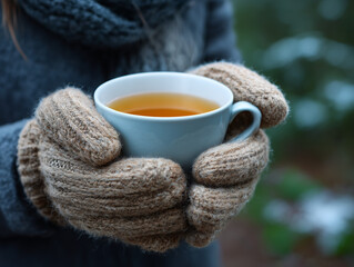 Hands in knitted mittens holding steaming hot tea