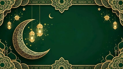 Digital illustration of a gold crescent moon and lanterns on a dark green background with intricate gold designs for Ramadhan celebrations.