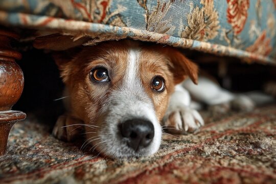 Scared dog hiding under sofa showing fear and anxiety