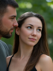 Fototapeta premium Young couple displaying intimacy and closeness outdoors