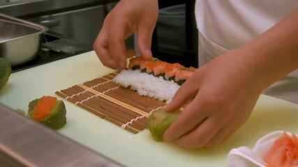 Chef?s skilled hands carefully prepare sushi roll demonstrating precision technique and professional culinary craftsmanship in kitchen setting