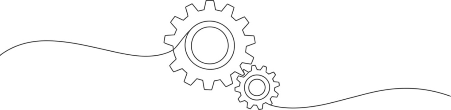 Single continuous line drawing of gear wheel in minimalist outline style, mechanical one line vector illustration