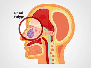 Illustration of human nasal cavity showing nasal polyps within a red circle anatomy