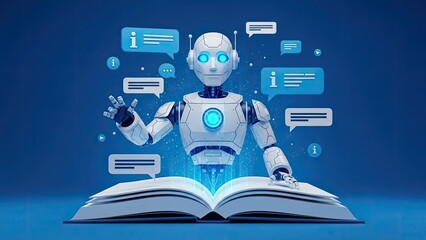 Robot emerging from open book with information bubbles