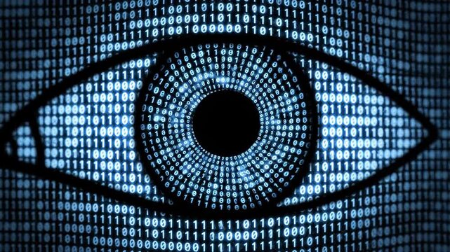 Digital eye surveillance and data security concept with binary code