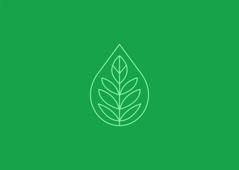 A leaf and water drop line art logo with smooth minimal strokes, symbolizing nature, purity, sustainability, balance, and life