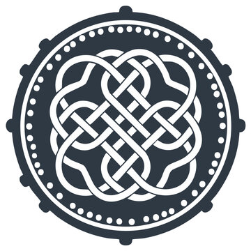Celtic knot design in a round emblem with a decorative border and dots