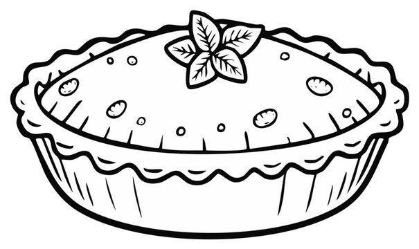 Simple line art illustration of a homemade savory pie with an herb garnish for a coloring page