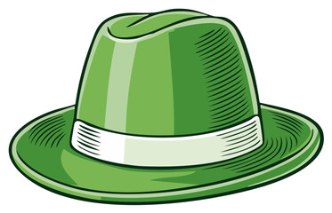 Stylish green fedora hat with white band cartoon illustration isolated on white