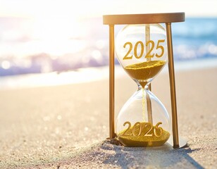 Hourglass on Beach at Sunrise Marking Transition from 2025 to 2026