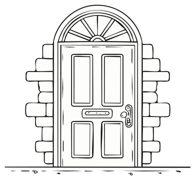 Black and white line art illustration of a traditional front door with an arched fanlight and brick frame