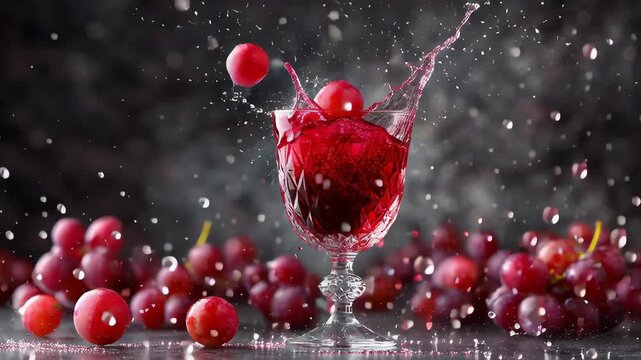 Vibrant red grape juice splash in elegant glass surrounded by fresh grapes