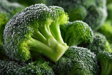 Frozen broccoli florets showing frost and ice, representing healthy food and nutrition