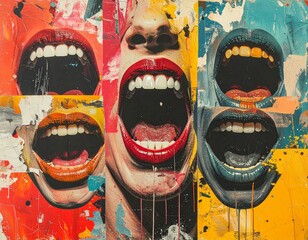 Contemporary Art Collage of Screaming Mouths, Social Media Communication and Public Opinion Concept