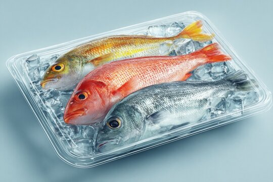 Three whole raw fish of different colors packed on ice, ready for sale