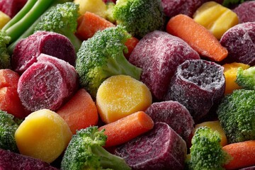 Frozen mixed vegetables including broccoli, carrots, beets, and potatoes covered in frost