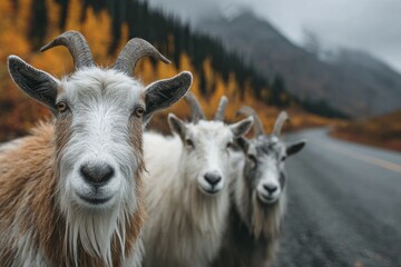 Goats looking curious on a mountain road with colorful autumn foliage