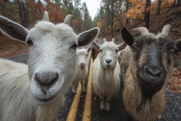Goats blocking a road in a forest, staring directly into the camera