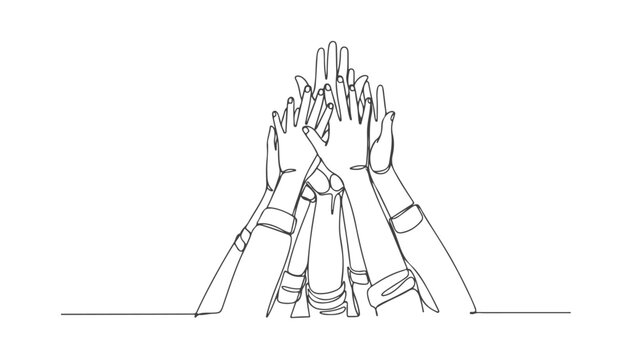 Continuous one line art vector illustration of multiple hands stacked in a high five, a symbol of unity and teamwork, celebrating success and collaboration