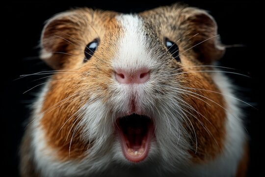 Guinea pig close-up portrait with mouth wide open on black background