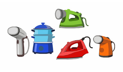 Cute Cartoon Steamer Icons Vector Set for Clothing, Food, and Home Appliances
