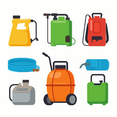 Cute Cartoon Vector Set of Pesticide and Lawn Sprayers for Gardening Icons