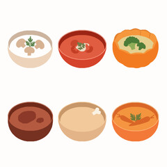 Cartoon Cream Soup Vector Set with Meat and Vegetable Bowls for Food Illustrations