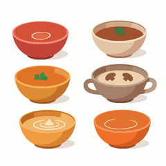 Cute Cartoon Soup Icons Vector Set for Meat and Vegetable Dishes