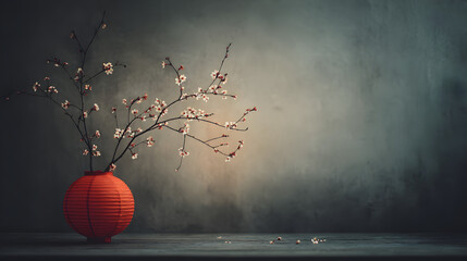 A red Chinese lantern repurposed as a flower vase, holding delicate blossoming branches. Renewal, hope, and prosperity. Iconic elements of the Lunar New Year, representing luck and fresh beginnings