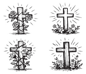 Hand drawn line art cross set featuring religious symbols with floral elements and radiant light for spiritual celebrations