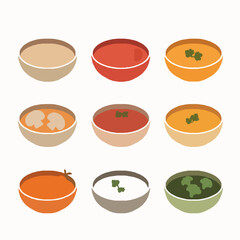 Playful Cartoon Cream Soup Vector Set with Meat and Veggie Bowls