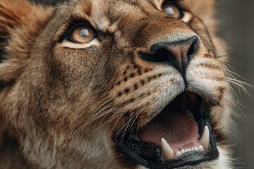 Lioness raising its head, showing fangs and expressing power